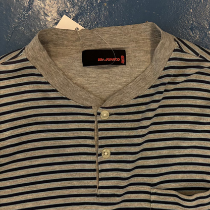 MR JUNKO Grey/Navy Striped Quarter Button